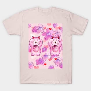 Cute pink lucky maneki neko with pearl flowers T-Shirt